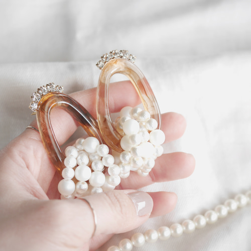169.Marble brownべっ甲ピアス✴イヤリング パールビジュークリア 