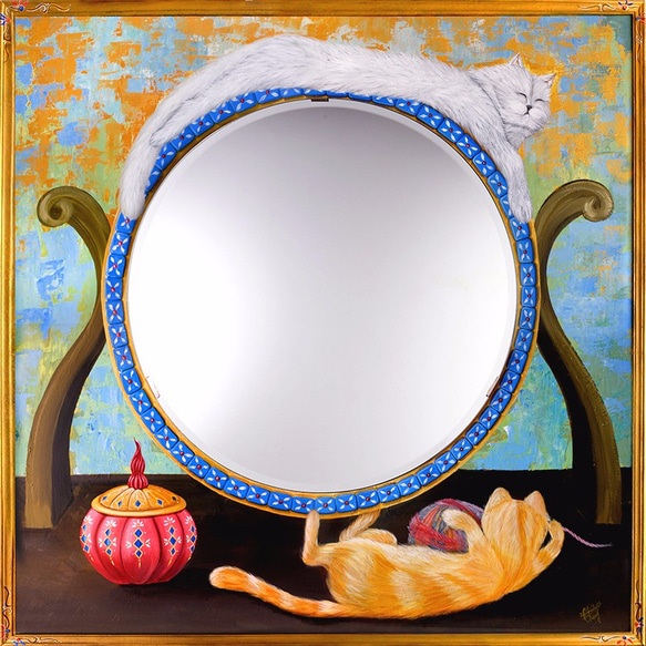 Cats & Mirror ~貓兒們與鏡子/ 木板油畫(wood board)+圓鏡(round mirror) 第1張的照片