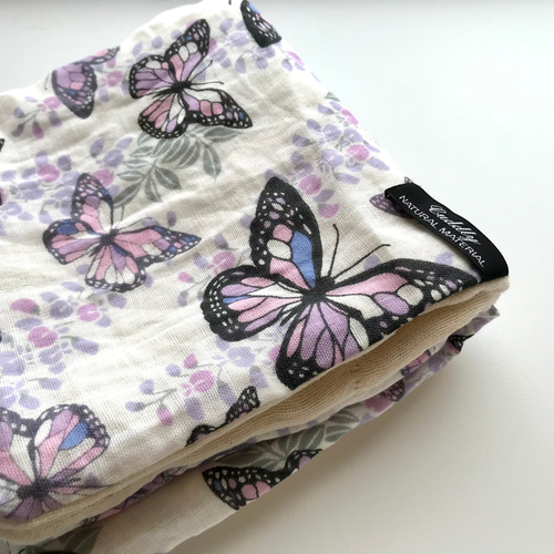 8重ガーゼハーフハンカチ花&蝶々