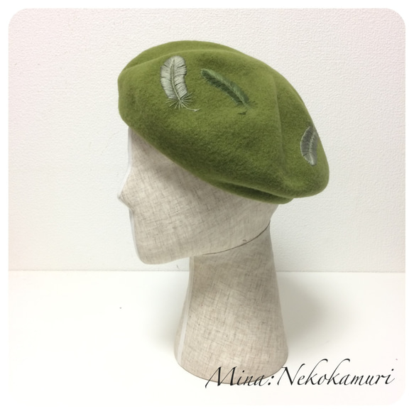 【在庫限り】羽根手刺繍のベレー帽/olive 4枚目の画像