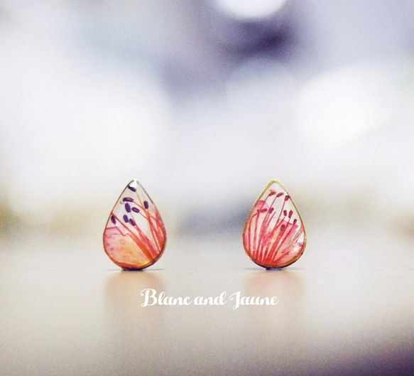 桃紅梅花乾花水滴樹脂耳釘，Cute peach blossom flowers stud earrings 第1張的照片