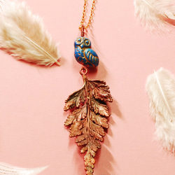 描金琉璃貓頭鷹蕨葉項鍊，紅銅手工真花飾品Real Fern Owl Copper Necklace  #LUNALUNA 第1張的照片