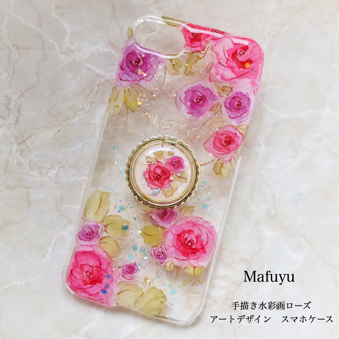 手描きの水彩画ローズスマホケース　レッドアメジストiPhone17Pro  iPhone16全機種対応