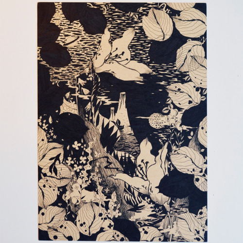 手描き絵画「個人的な憂鬱」日本画　オリジナル　原画 ダフネHCシェン日本の浮世絵のスタイルのレトロ宇宙リリー