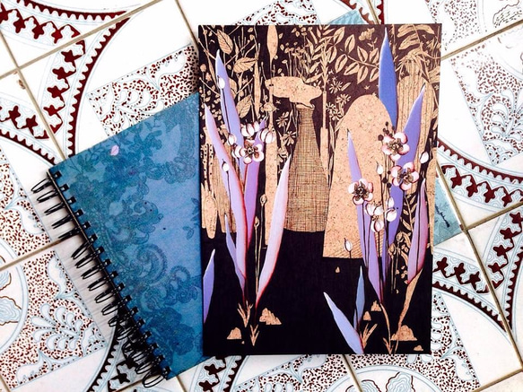 Daphne H.C. Shen 紫色 山石 盆栽 原稿畫作 日本浮世繪風格 花草  獨特手繪插畫 第1張的照片