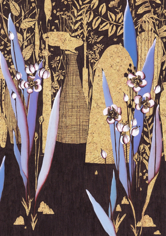 ダフネHCシェンパープルマウンテンストーン鉢植えオリジナル原稿絵画浮世絵風花や植物ユニークな手描きイラスト 2枚目の画像