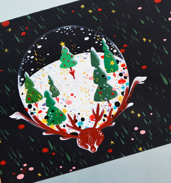 ダフネHCシェンロンドン、イギリスカスタマイズされた手描きのエルククリスタルボール雪クリスマスツリーデザインレトロ小さなイラスト 2枚目の画像