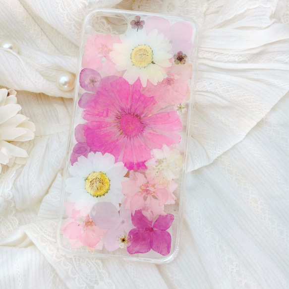 iPhoneX iPhone8/7/6S/5/SE/Plus 押し花 ケース 多機種対応 スマホケース 1枚目の画像