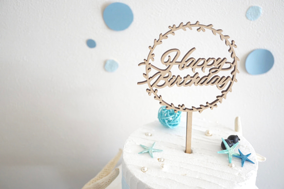 木製 ケーキトッパー リーフ HAPPYBIRTHDAY 一歳 アニバーサリー 記念日 誕生日［G］ 5枚目の画像