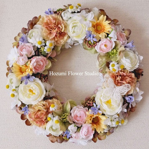 アンティーク調♡ガーベラ×ホワイトローズ×ラベンダーのリース  