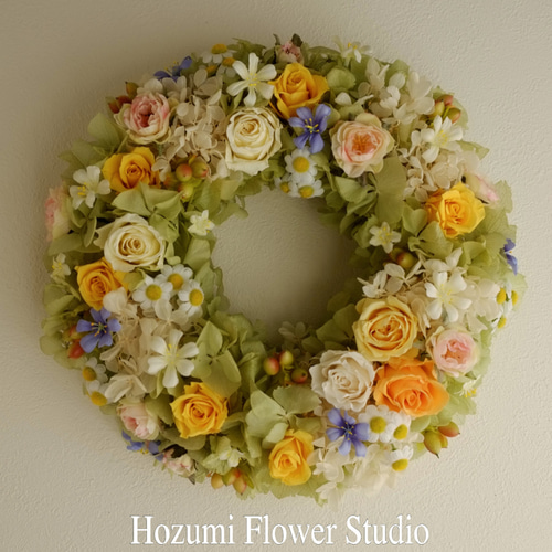 プリザーブドのアジサイとミニバラリース＜28センチ＞ プリザーブド  