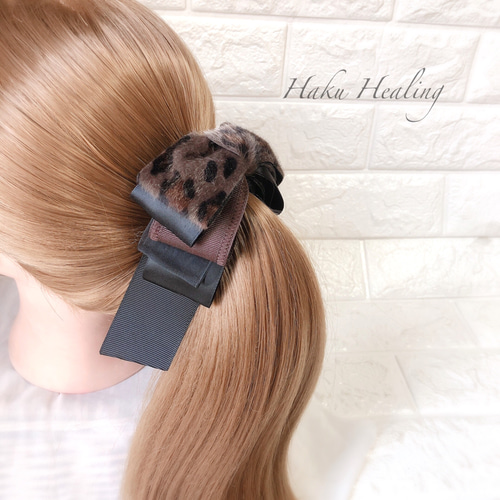 【ご予約品】 高品質ヒョウ柄リボン バナナクリップ ヘアクリップ・バナナ ヘアアクセサリー