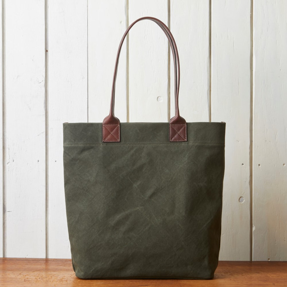 帆布と牛革の縦型トートバッグ　カーキ【SA203】 