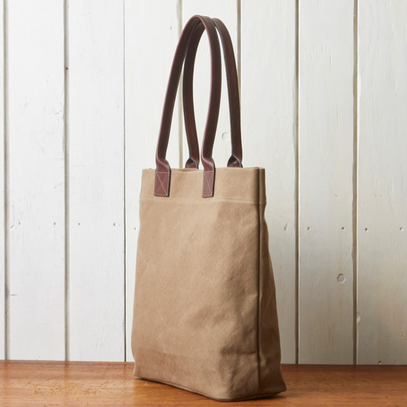 帆布と牛革の縦型トートバッグ　カーキ【SA203】 