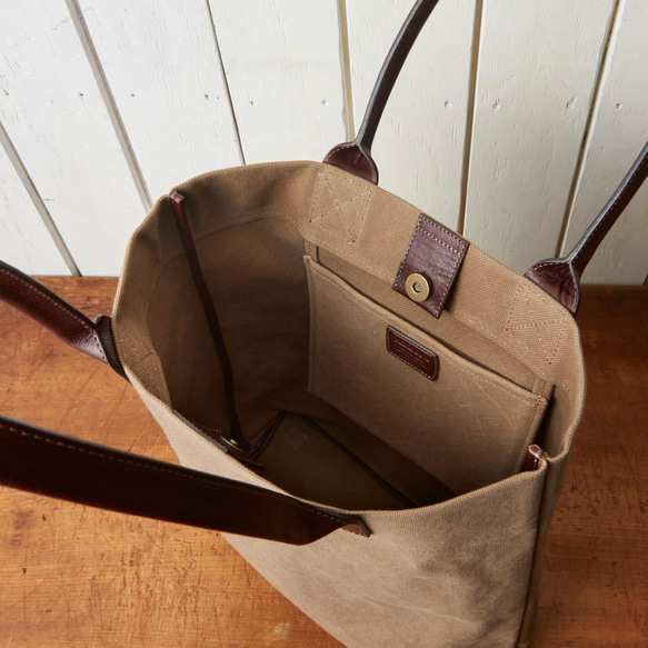 帆布と牛革の縦型トートバッグ　カーキ【SA203】 