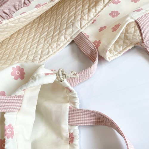 フリルとチェックの持ち手付き巾着 さくらんぼorフラワー 体操服袋・お