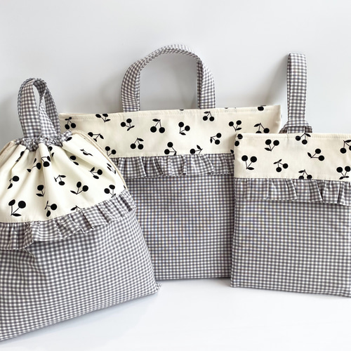 レッスンバッグ シューズ入れ 体操着袋 ハンドメイド グレー ギンガム