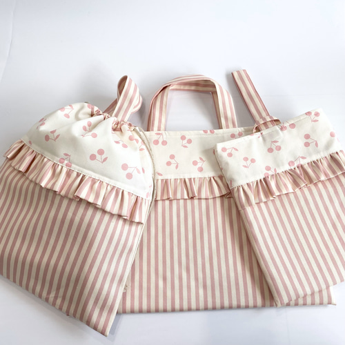 さくらんぼとストライプのレッスンバッグ フリル・レース 選べるサイズ