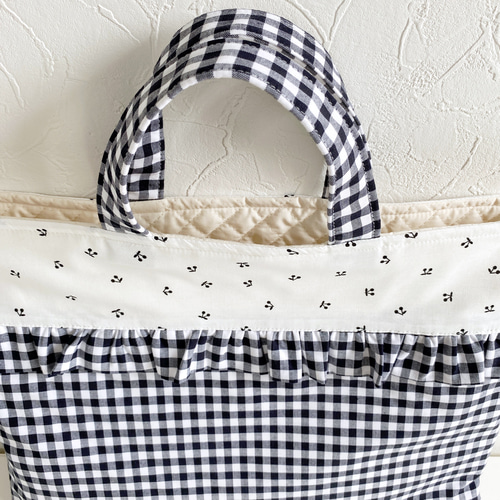 ブラックチェックとさくらんぼのレッスンバッグ 4サイズ その他入園