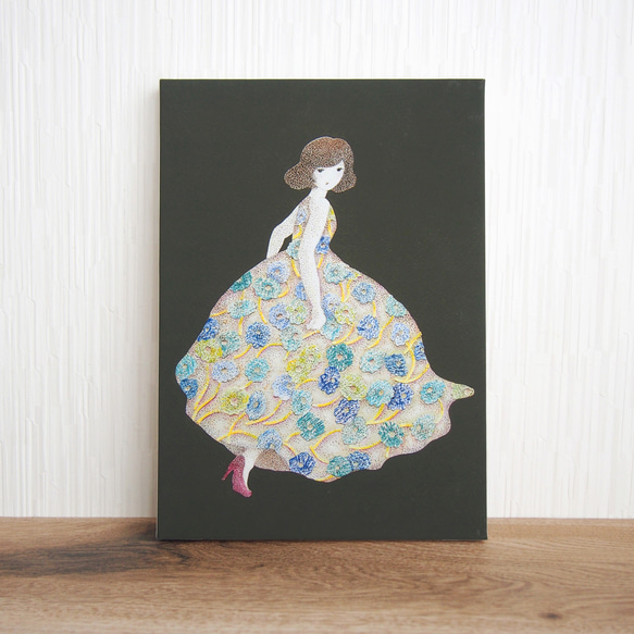 ＊花のドレスを着た女の子の絵 (複製) 木製パネルサイズ変更可 2枚目の画像