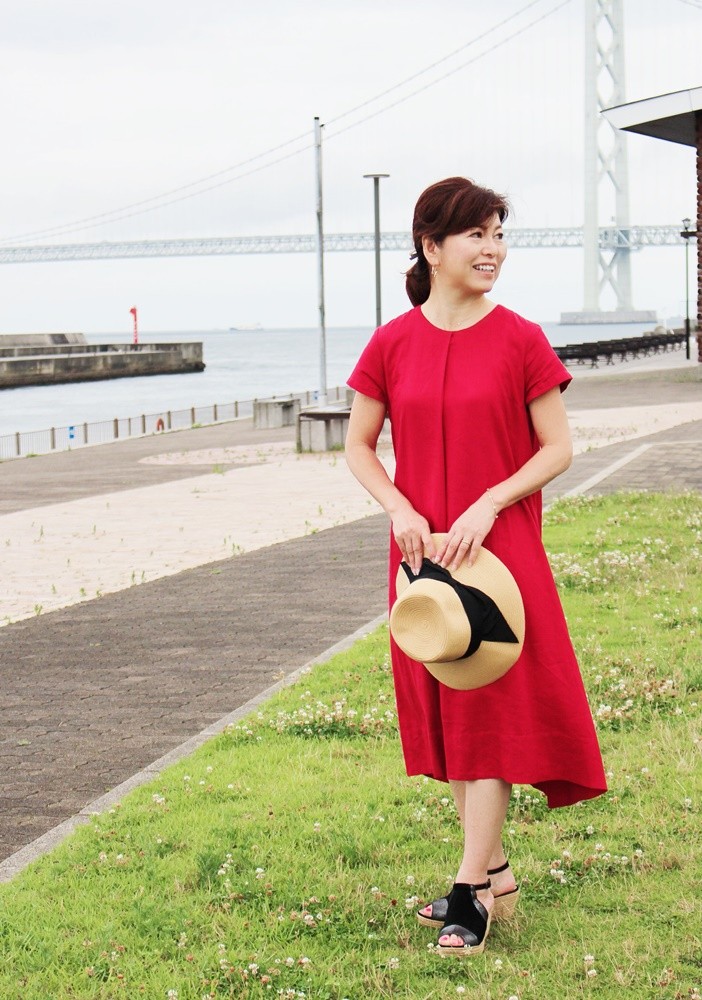 リネン　リラックスワンピース　フィッシュテール　赤