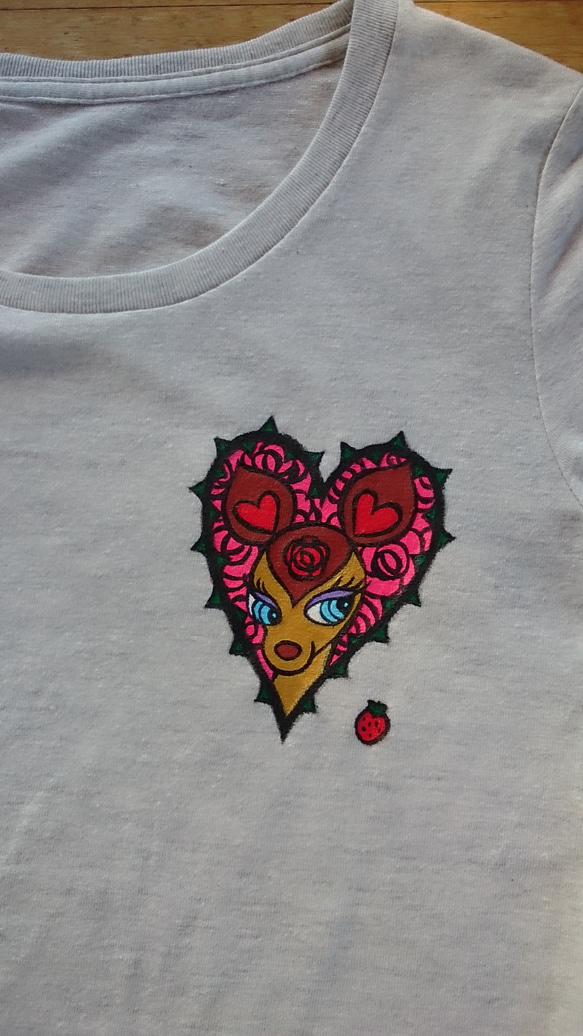 手描きロングTシャツ「薔薇バンビ」(ミントグリーン、アッシュ) 2枚目の画像