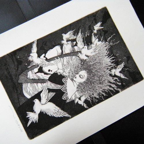 ☆小さな銅版画「黒いオルフェ」 エッチング・ミニプリント 版画