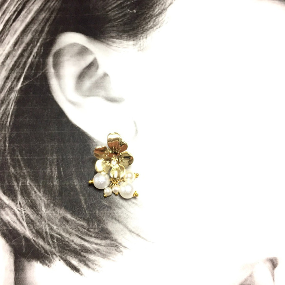 4pcs(2pair)★flower pierce・pearl tassel（ピアスパーツ） 3枚目の画像