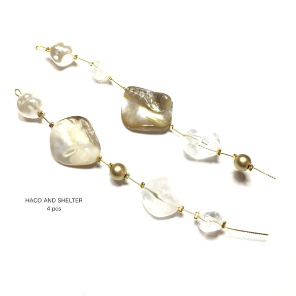 4pcs★shell・pearl・clear branch（ナチュラルシェル・アクリルビジューチャーム） 2枚目の画像