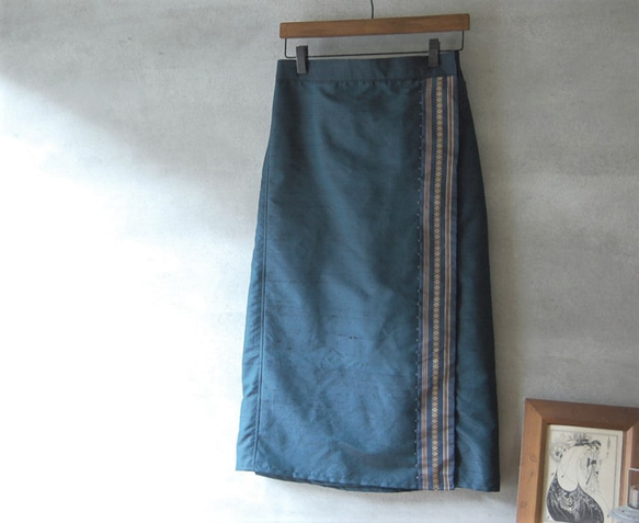 紬と博多帯のラップスカート　着物リメイク 2枚目の画像