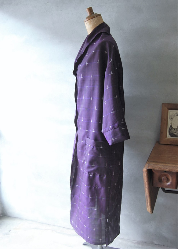 桔梗色　十字絣のライトコート　着物リメイク 4枚目の画像
