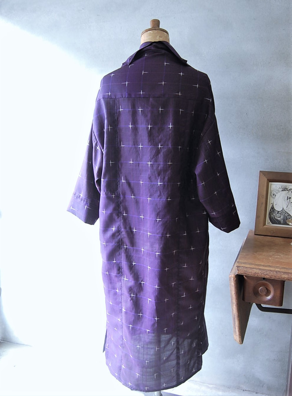 桔梗色　十字絣のライトコート　着物リメイク 5枚目の画像