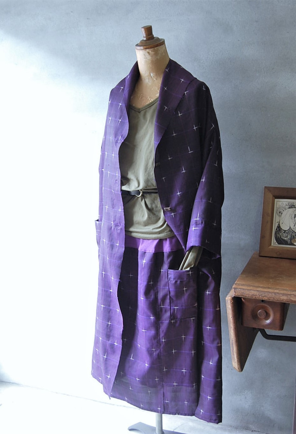桔梗色　十字絣のライトコート　着物リメイク 10枚目の画像