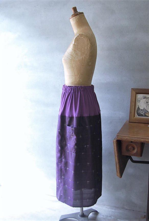 桔梗色　十字絣のスカート　着物リメイク 4枚目の画像