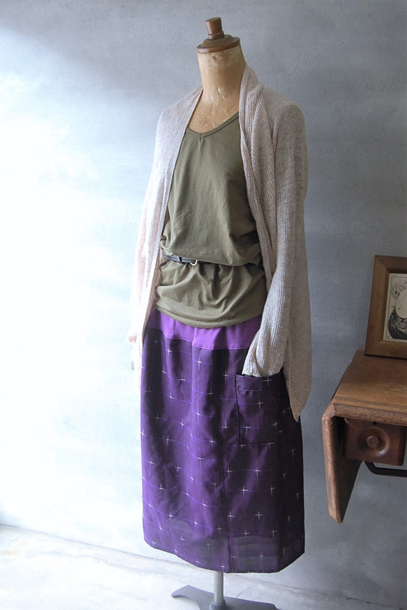 桔梗色　十字絣のスカート　着物リメイク 8枚目の画像