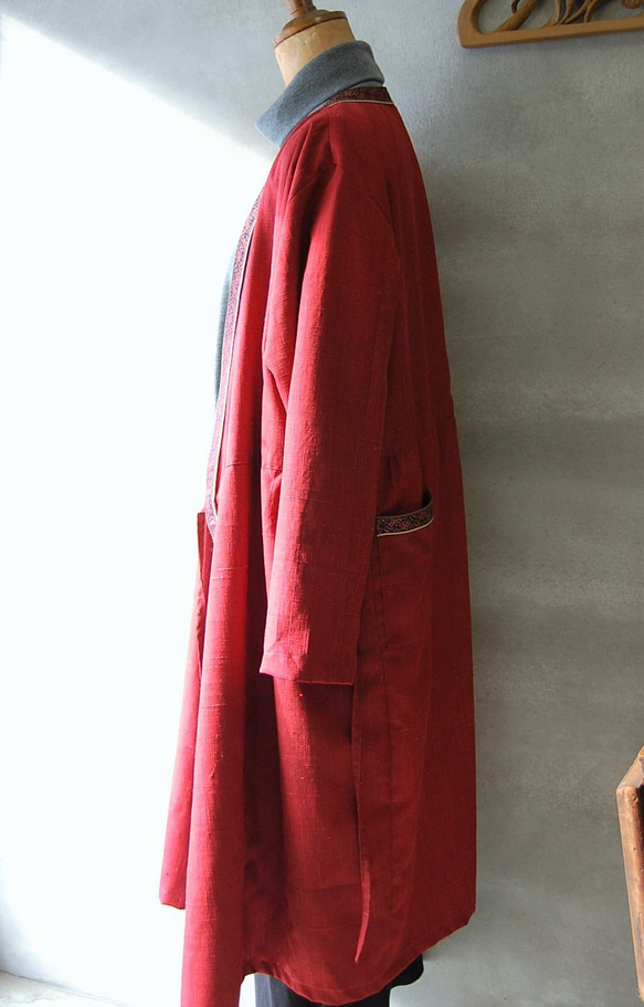 紅紬のカシュクールワンピース　着物リメイク 6枚目の画像