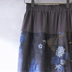 大島紬　花と樹のラップ風スカート　着物リメイク 1枚目の画像