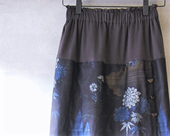 大島紬　花と樹のラップ風スカート　着物リメイク 1枚目の画像