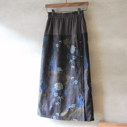 大島紬　花と樹のラップ風スカート　着物リメイク 2枚目の画像