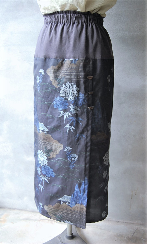 大島紬　花と樹のラップ風スカート　着物リメイク 5枚目の画像