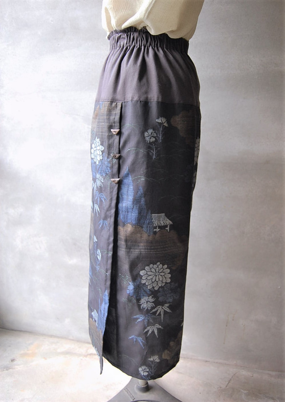 大島紬　花と樹のラップ風スカート　着物リメイク 6枚目の画像