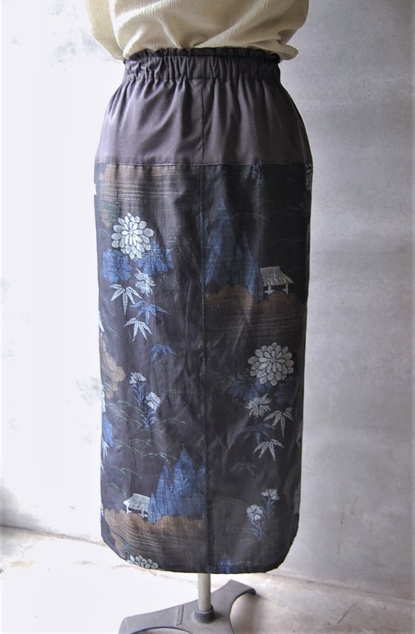 大島紬　花と樹のラップ風スカート　着物リメイク 7枚目の画像