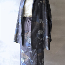 大島紬　花と樹のラップ風スカート　着物リメイク 10枚目の画像