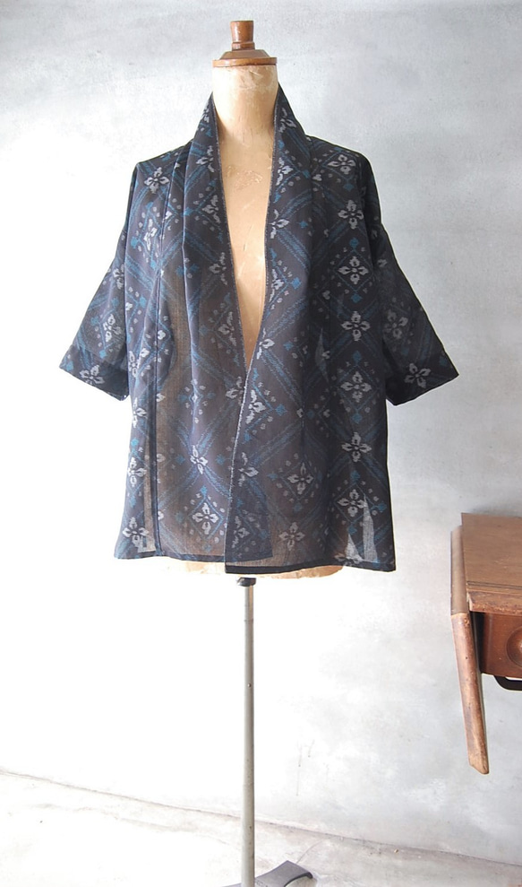夏大島　花菱模様のはおり　着物リメイク 6枚目の画像
