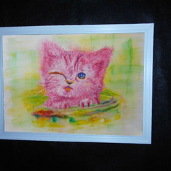 ピンクの子猫、原画Ａ４サイズ。 3枚目の画像