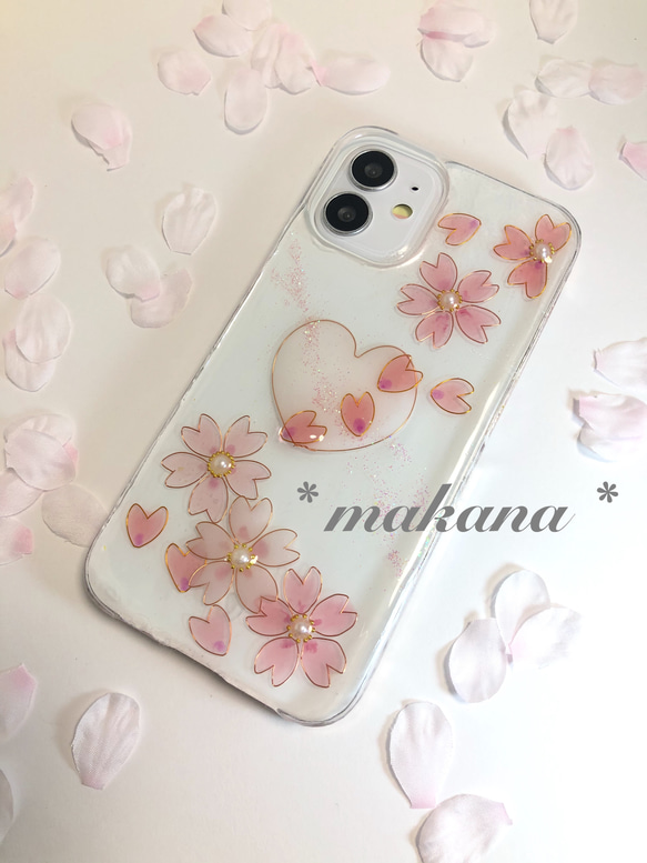 想い出満ちる桜とハートのスマホケース　【受注制作】 2枚目の画像