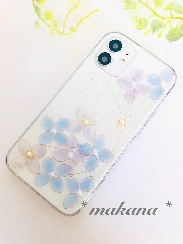 風舞う花 〜 紫陽花 blue 〜 スマホケース　【受注制作】 1枚目の画像