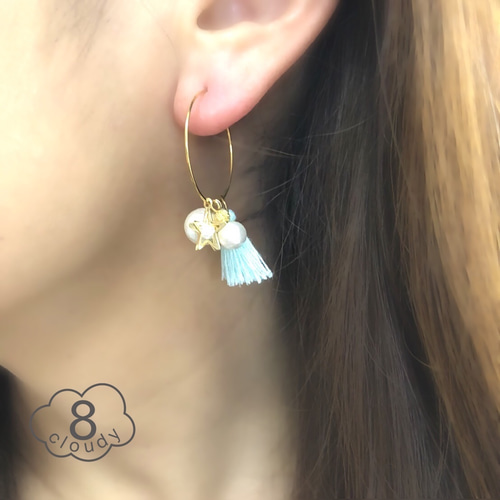 組合せ色々 コットンパールとタッセルのフープピアス（ブルー） ピアス 