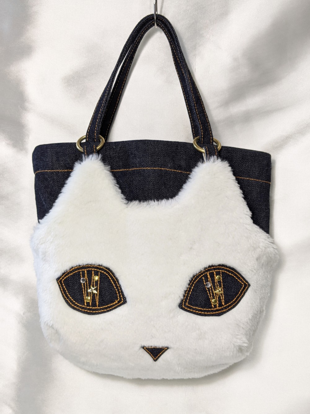 Creema限定！CHIGRACCI猫デザイントート/ホワイトファー×デニムトート「CATOTE」ミニ・ホワイトファー