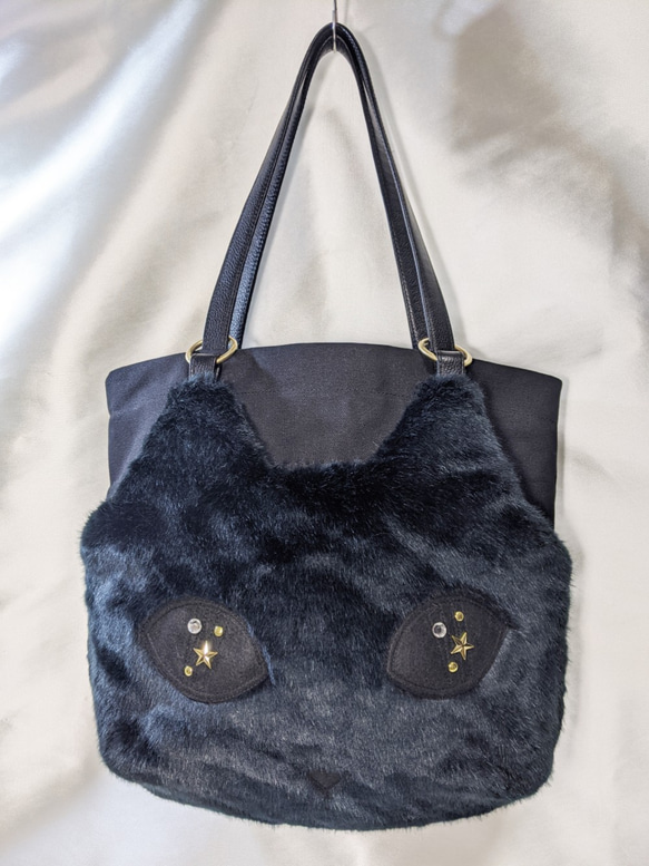 Creema限定！CHIGRACCI猫デザイントート/ブラックファー×黒帆布トート「CATOTE」ブラックファー 2枚目の画像